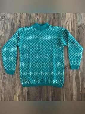 Vtg Ellen-D Kollection Knit Sweater Medium Teal White Diamonds Crosses Mock Neck